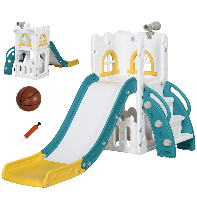 AIYAPLAY Kinderrutsche, 4 in 1, Kleinkinderrutsche mit Basketballkorb, Teleskop Klettergerüst Rutsche mit Basketball für Kinder 1-3 Jahre, Indoor, Gelb 70 x 177 x 92 cm Aosom – Bild 1 von 2