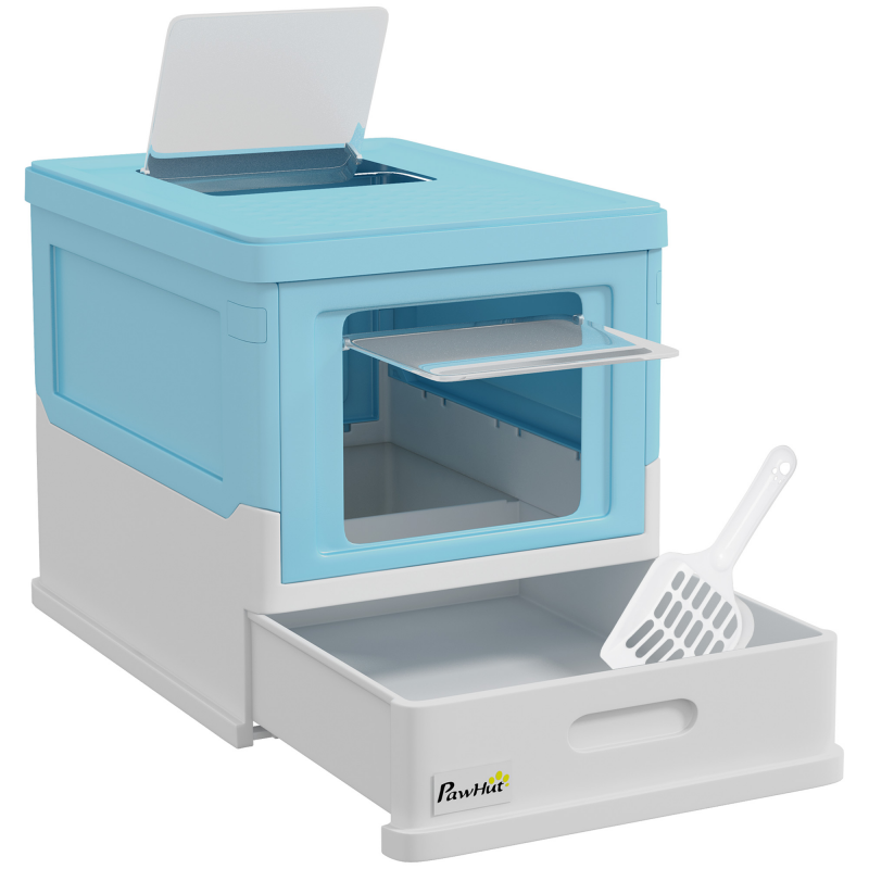 PawHut Geschlossene Katzentoilette aus PP mit inkludierter Schaufel, Faltbarem Design, Katzentoilette mit Herausnehmbarer Schale und 2 Türen, 47,5x35,5x36,7 cm, Blau Aosom – Bild 1 von 2