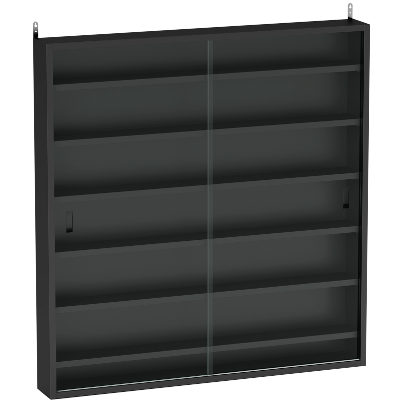HOMCOM Wandvitrinenschrank mit 6 verstellbaren Regalen, Sammlerstück-Vitrine, Wandausstellungsschrank für Sammlerstücke, aus Glas und Spanplatte, 80x9,5x83 cm, Schwarz Aosom – Bild 1 von 2