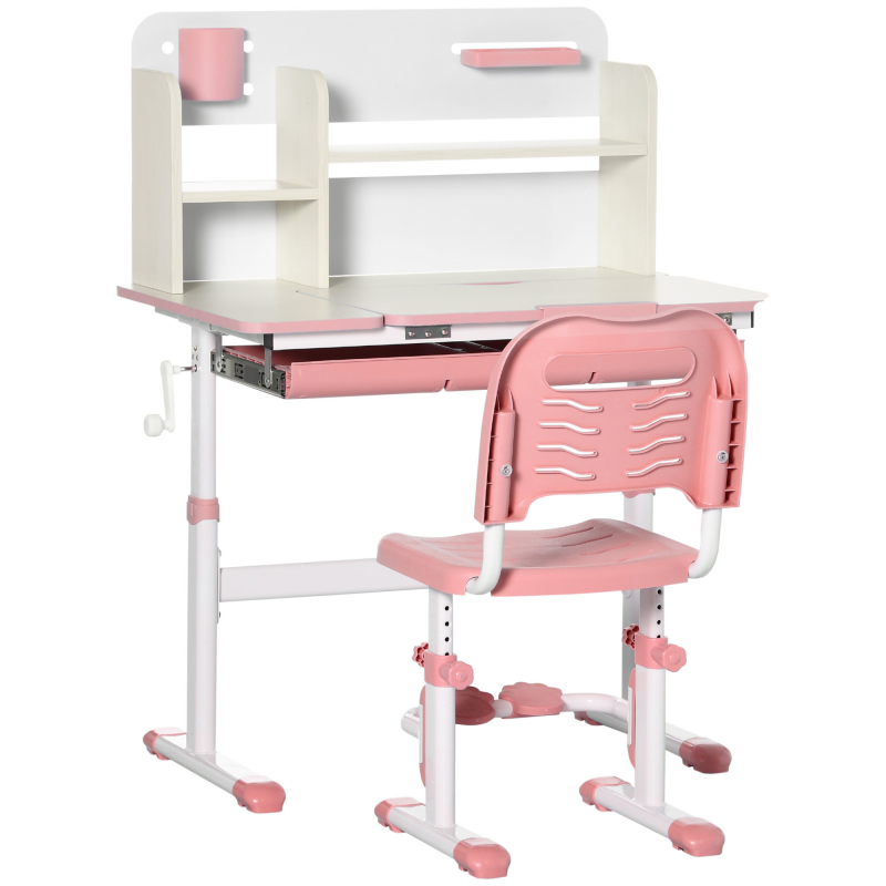 HOMCOM Set Schreibtisch und Stuhl für Kinder verstellbar, Tisch für Kinder bis zu 60° neigbar mit Schublade, Regalen und Stifthalter, Alter 3+ Jahre, Rosa Aosom – Bild 1 von 2