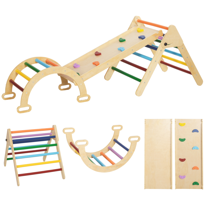 AIYAPLAY 5 in 1 Klettergerüst Set mit Rutsche, Kletterdreieck zum Rutschen und Klettern, Kletterspielzeug aus Holz, für Kinder 1,5-4 Jahre, Indoor, Mehrfarbig Aosom – Bild 1 von 2