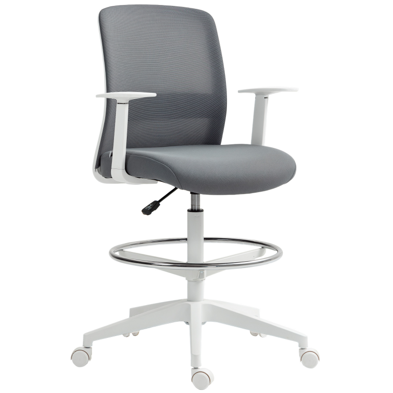 HOMCOM Bürostuhl Ergonomischer Schreibtischstuhl mit Armlehnen und Fußring, Höhenverstellbarer Zeichenstuhl Drehstuhl mit Netzbespannung Grau Aosom – Bild 1 von 2