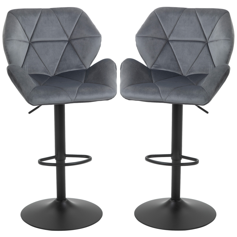 HOMCOM Barhocker 2er Set, Gepolstert Barstuhl mit Metallgestell, Lehne, Samtoptik, Höhenverstellbar Küchenstühle mit Fußstütze 360° Drehbar Tresenhocker für Küche, Wohnzimmer, Esszimmer Grau Aosom – Bild 1 von 2