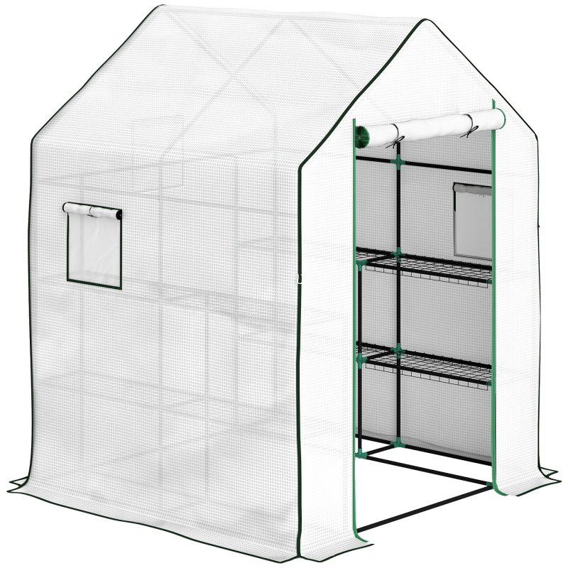 Outsunny Garten Gewächshaus Kleines 3-stufiges Gewächshaus mit 6 Regalen aus PE-Abdeckung und Stahlrahmen für Anbau von Pflanzen Blumen 140x143x190 cm Weiß Aosom – Bild 1 von 2