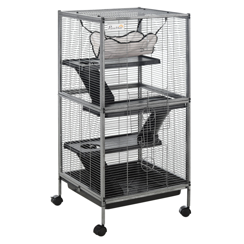 PawHut Kleintierkäfig, Rollbarer Nagerkäfig, 3-stöckiger Tierkäfig mit Hängematten 2 Türen, Metall, Stahl, 52 x 52 x 113,5 cm Aosom – Bild 1 von 2