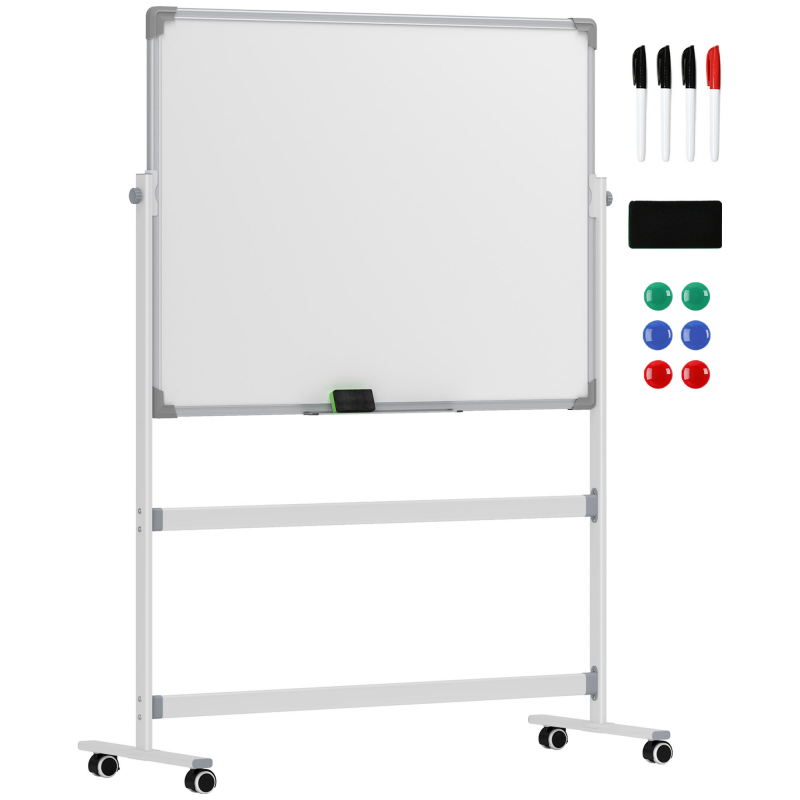HOMCOM Magnetisches Whiteboard 120 x 90 cm Doppelseitiges Magnettafel mit Ständer, Rollen, 6 Marker & 1 Radierschwamm, 360° schwenkbare, 3-stufig verstellbare Magnetboard für Büro, Zuhause Aosom – Bild 1 von 2