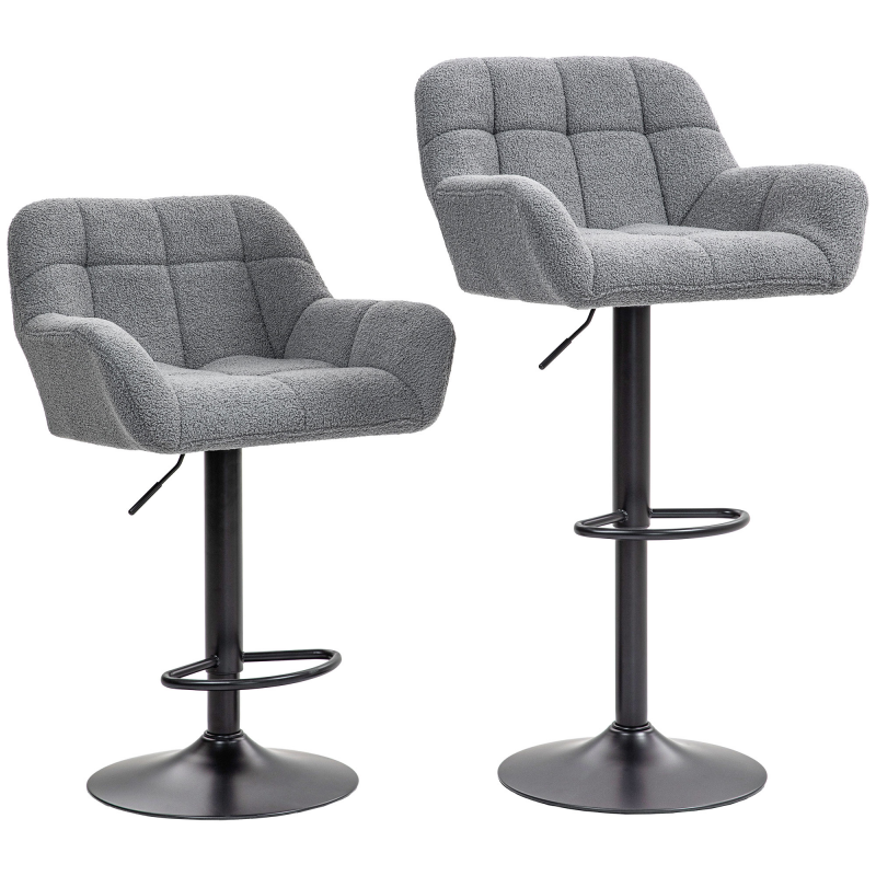 HOMCOM 2er-Set Barhocker Barstuhl Höhenverstellbar Küchenstühle 360° Drehstuhl Bistrohocker mit Fleece-Optik, Lehne und Fußstütze für Bartheke Küche Esszimmer Grau 57,5 x 52,5 x 93-114 cm Aosom – Bild 1 von 2
