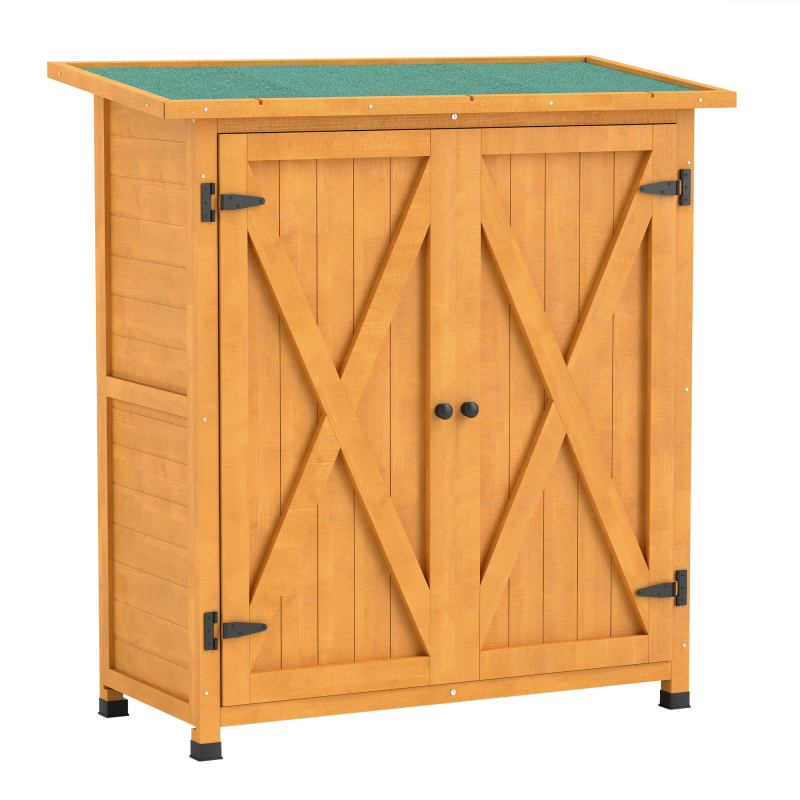 Outsunny Gartenschrank, Geräteschuppen aus Holz, Wetterfest Geräteschrank mit 2 Türen, Werkzeughaus mit Asphaltdach, Werkzeugschrank für Garten, Terrasse, 110 x 55 x 117 cm, Gelb Aosom – Bild 1 von 2