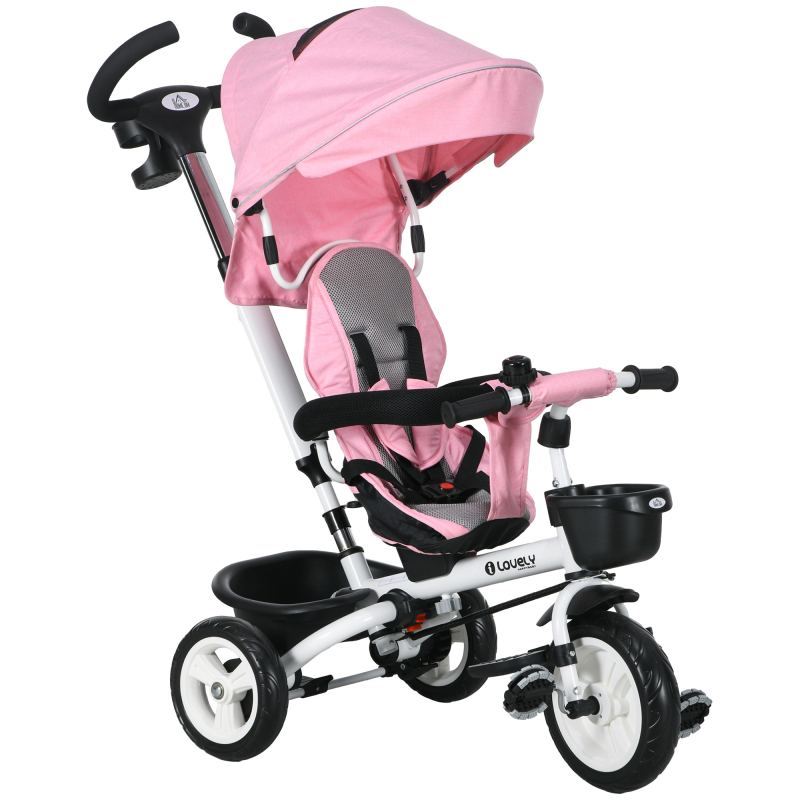 HOMCOM 2in1 Dreirad Schubstange Kinderdreirad Sicherheitsgurt faltbar Sonnendach Getränkehalter Korb Pedal 1-5 Jahre Rosa Aosom – Bild 1 von 2