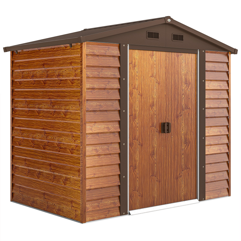 Outsunny Gerätehaus Metall im Holzoptik 3 m² 152 x 235,7 x 208,7 cm Geräteschuppen mit Satteldach Fenster Doppel Schiebetüren wetterfest Gartenhaus Outdoor Garten Schuppen für Hinterhof Braun Aosom – Bild 1 von 2