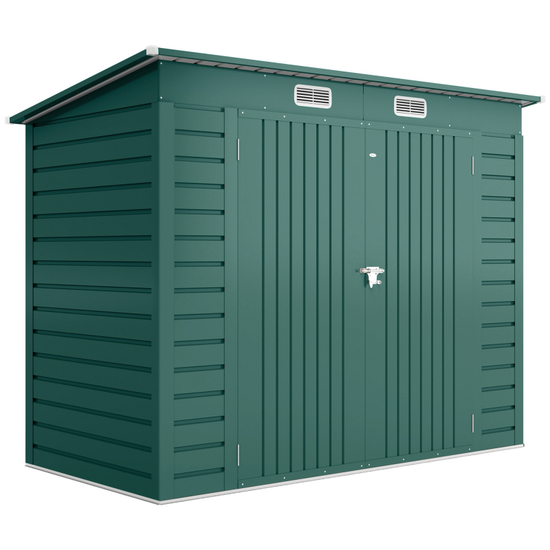 Outsunny Gerätehaus 4,1m³, Gartenhaus mit Pultdach, 249 x 121 x 166/183 cm, Geräteschuppen mit Abschließbar Doppeltüren, Fenster, Fahrradgarage, Gartenschrank aus Stahl, für Hinterhof, Garten, Grün Aosom – Bild 1 von 2