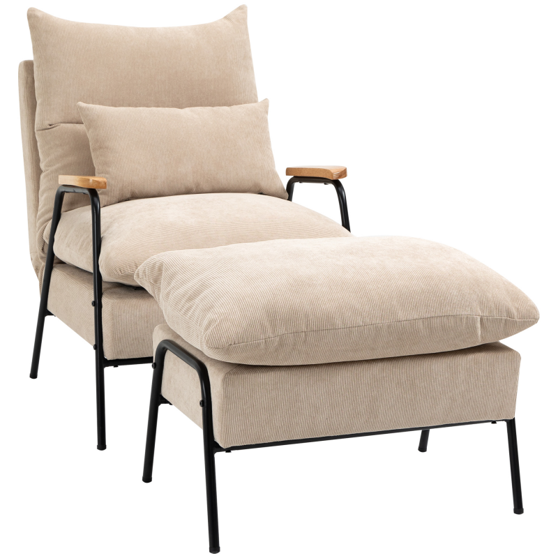 HOMCOM Relaxsessel mit Hocker Sessel mit Verstellbar Rückenlehne, Liegefunktion, Kissen, Loungesessel Modern Polstersessel mit Kord-Optik für Wohnzimmer bis 180 kg belastbar, Beige Aosom – Bild 1 von 2