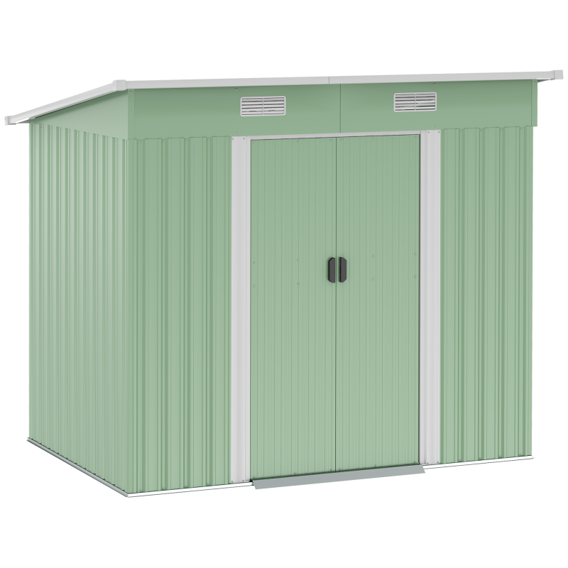Outsunny Gerätehaus Metall 2,3 m² 207 x 130 x 182 cm Geräteschuppen mit Pultdach Fenster Fundament Schiebetüren wetterfest Gartenhaus Outdoor Garten Schuppen für Hinterhof Grün Aosom – Bild 1 von 2