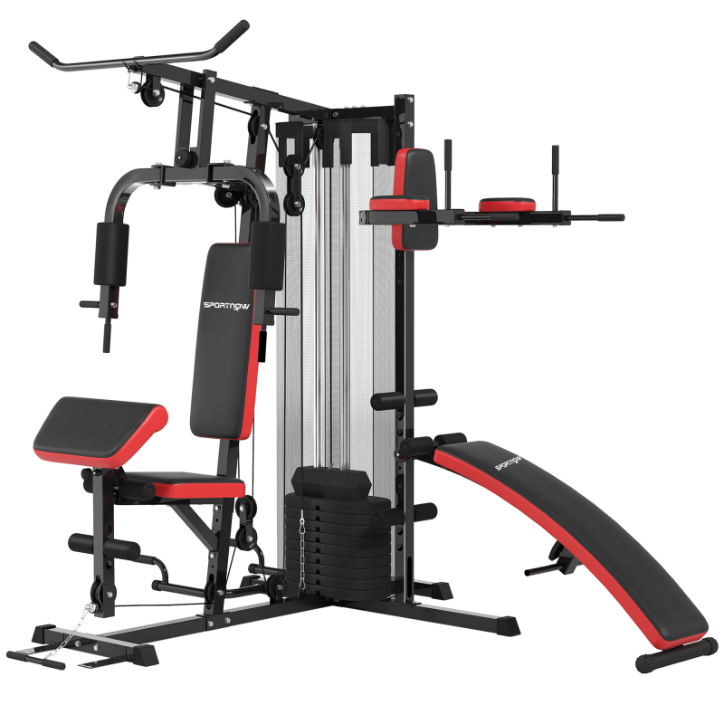 SPORTNOW Kraftstation, Multifunktionale Fitnessstation mit Butterfly- & Latzugstange, Curler, Brustpresse, Sit-Up-Bank, Fitnessgerät mit 65 kg Gewichtsblöcken für Zuhause, Schwarz Aosom – Bild 1 von 2