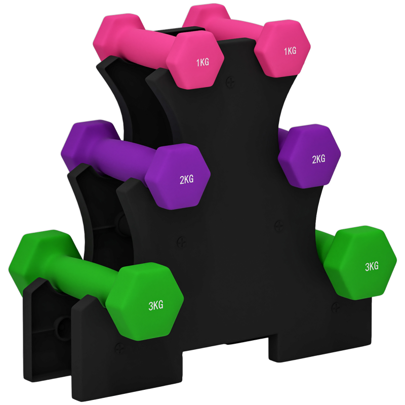 SPORTNOW Hantelset mit Ständer, 2x1 kg, 2x2 kg, 2x3 kg, Hexagonale Metallhanteln mit rutschfestem Griff, Multicolor Aosom – Bild 1 von 2