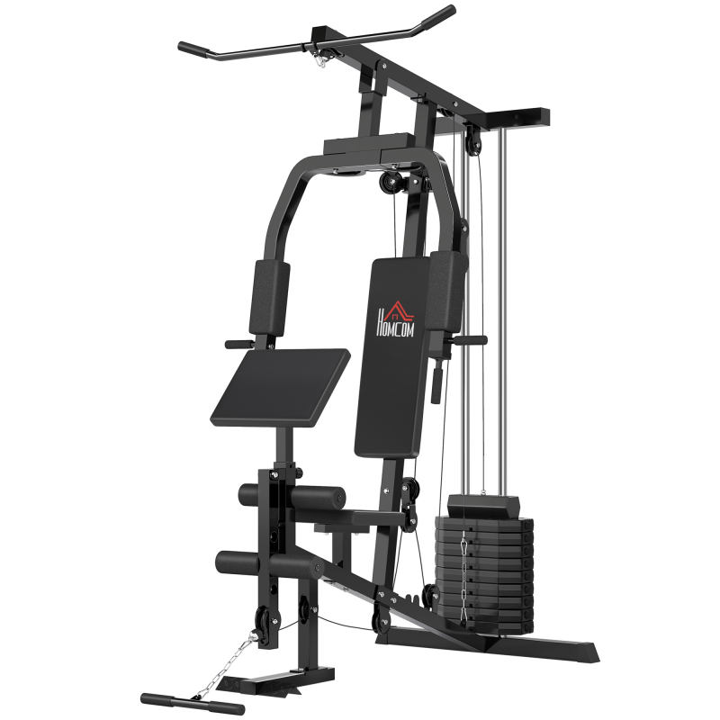 HOMCOM Gym Kraftstation, Fitnessgerät, Fitnessstation, Fitnesscenter mit Gewichten, Rollenpolsterung, Kunstleder, Schwarz, 148 x 108 x 207 cm Aosom – Bild 1 von 2