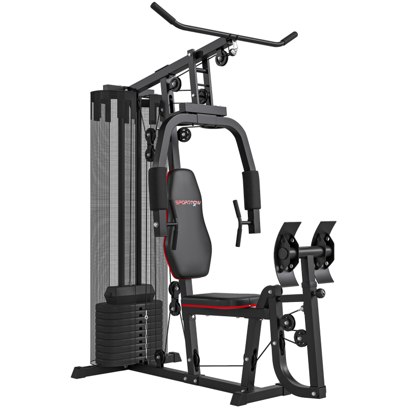 SPORTNOW Kraftstation, Multifunktionale Fitnessstation mit Latzug- & Butterflystange, Beinpresse, Fitnessgerät mit 45 kg Gewichtsblöcken für Zuhause, Schwarz Aosom – Bild 1 von 2