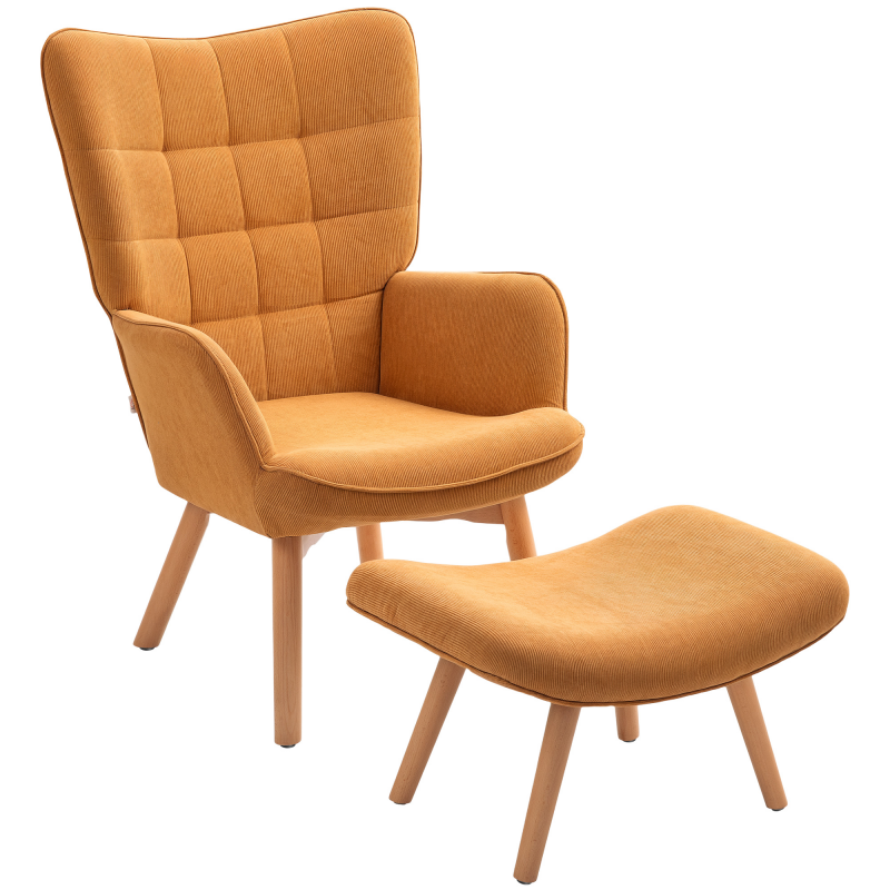 HOMCOM Sessel mit Hocker, Ohrensessel mit Hoher Rückenlehne, Holzbeine, Loungesessel mit getuftetem Design, Cord-Optik, für Wohnzimmer, Braun Aosom – Bild 1 von 2