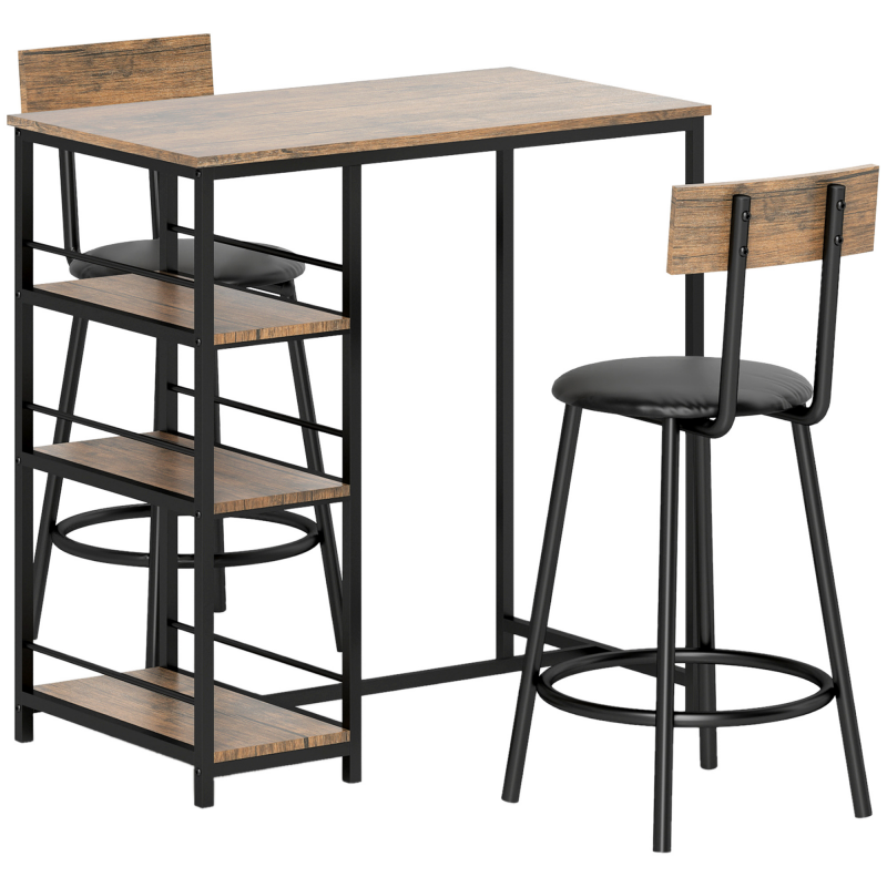 HOMCOM Bartisch mit Barhocker Set, 3-tlg. Bartisch-Set mit Küchentisch, 3 Ablagen, 2 Barstühlen, im Modern-Stil, Essgruppe für Esszimmer, Küche, Stahl, Eiche Aosom – Bild 1 von 2
