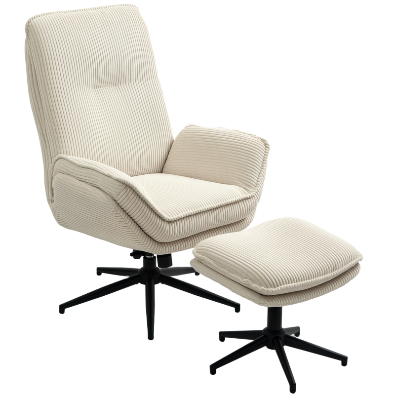 HOMCOM Relaxsessel mit Hocker 360°Drehbarer Fernsehsessel mit Liegefunktion TV-Sessel mit Cord-Optik, Ruhesessel für Wohnzimmer, Schlafzimmer, Beige Aosom – Bild 1 von 2