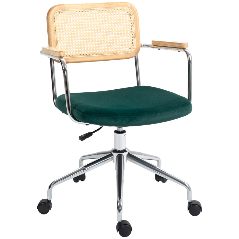 HOMCOM Bürostuhl, Schreibtischstuhl mit Rattanoptik, Wippfunktion, Höhenverstellbar Drehstuhl, Computerstuhl mit Samtoptik, für Home Office, Grün Aosom – Bild 1 von 2
