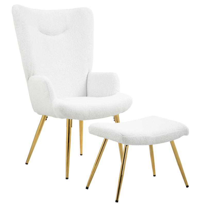 HOMCOM Ohrensessel mit Hocker, Sessel mit Sherpa-Bezug, Hohe Rückenlehne, Loungesessel mit Armlehne, Stahlbeine für Wohnzimmer, Schlafzimmer, Weiß Aosom – Bild 1 von 2