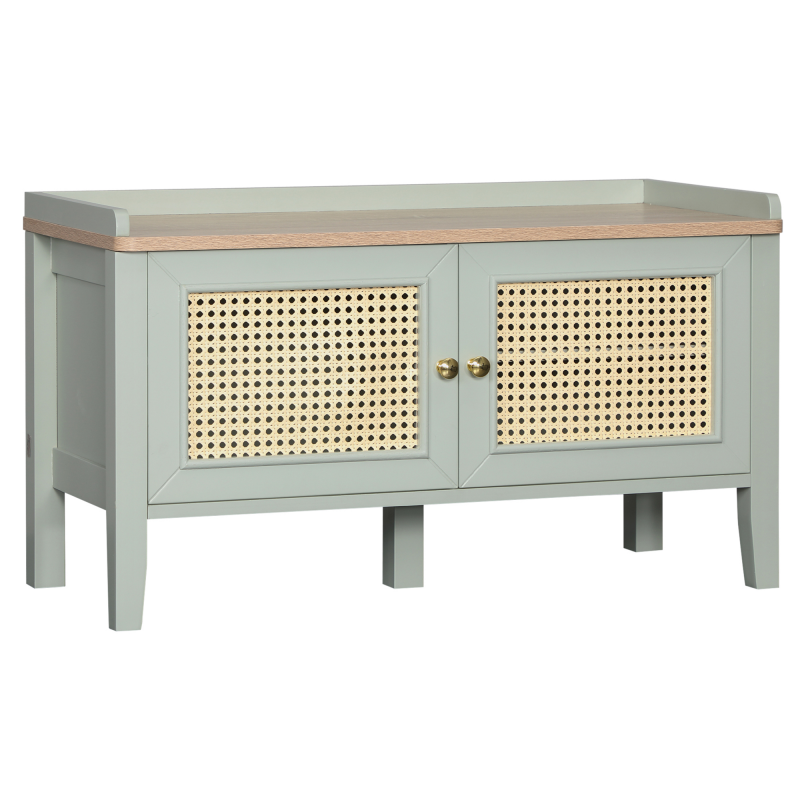 HOMCOM Schuhbank, Sitzbank mit Sitzfläche, Schuhregal mit Rattanoptik, Schuhaufbewahrung mit 2 Schränken, Garderobenbank für Flur, Diele, Grün, 80 x 35 x 45 cm Aosom – Bild 1 von 2