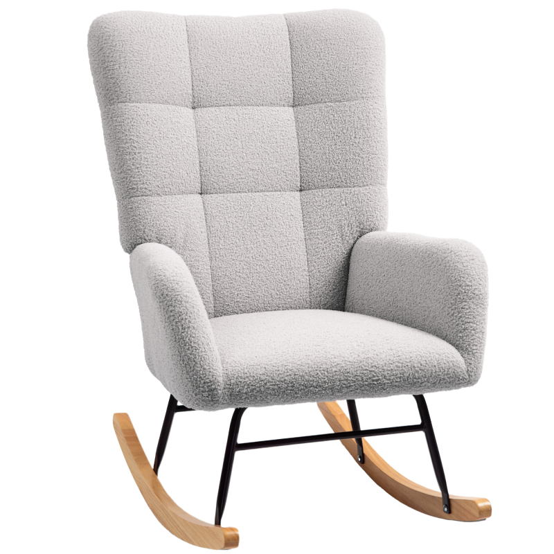 HOMCOM Schaukelstuhl, Schaukelsessel mit Armlehne, Teddysamt-Optik, Relaxsessel mit Holzkufen, Schwingsessel Stillsessel für Schlafzimmer, Wohnzimmer, Hellgrau Aosom – Bild 1 von 2
