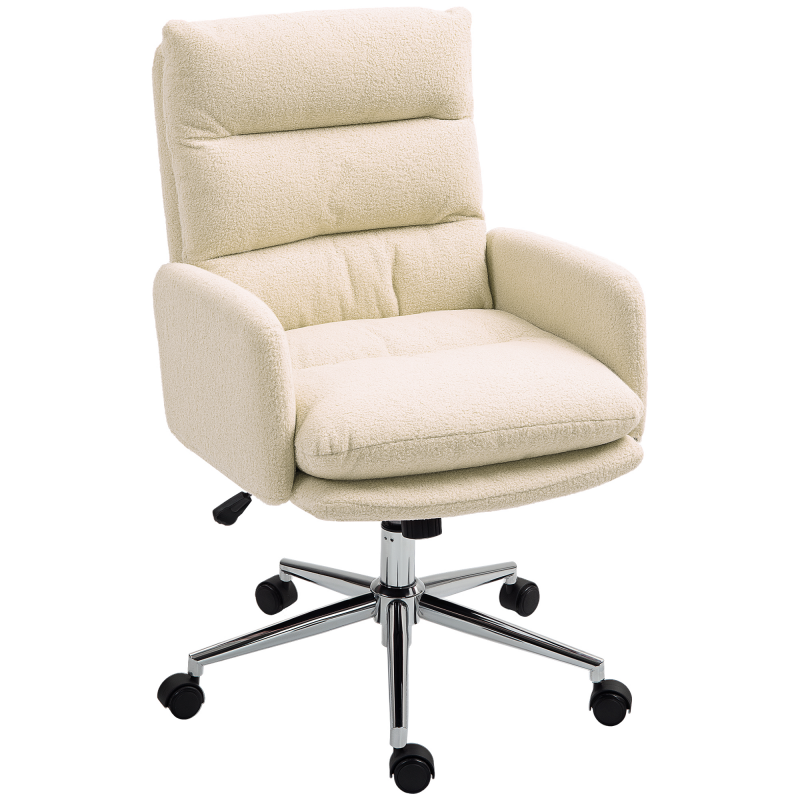 HOMCOM Bürostuhl Ergonomischer Schreibtischstuhl mit Armlehne, Lammwolle-Optik, Höhenverstellbarer Drehstuhl mit Wippfunktion, Gepolstert Home-Office-Stuhl, Cremeweiß Aosom – Bild 1 von 2
