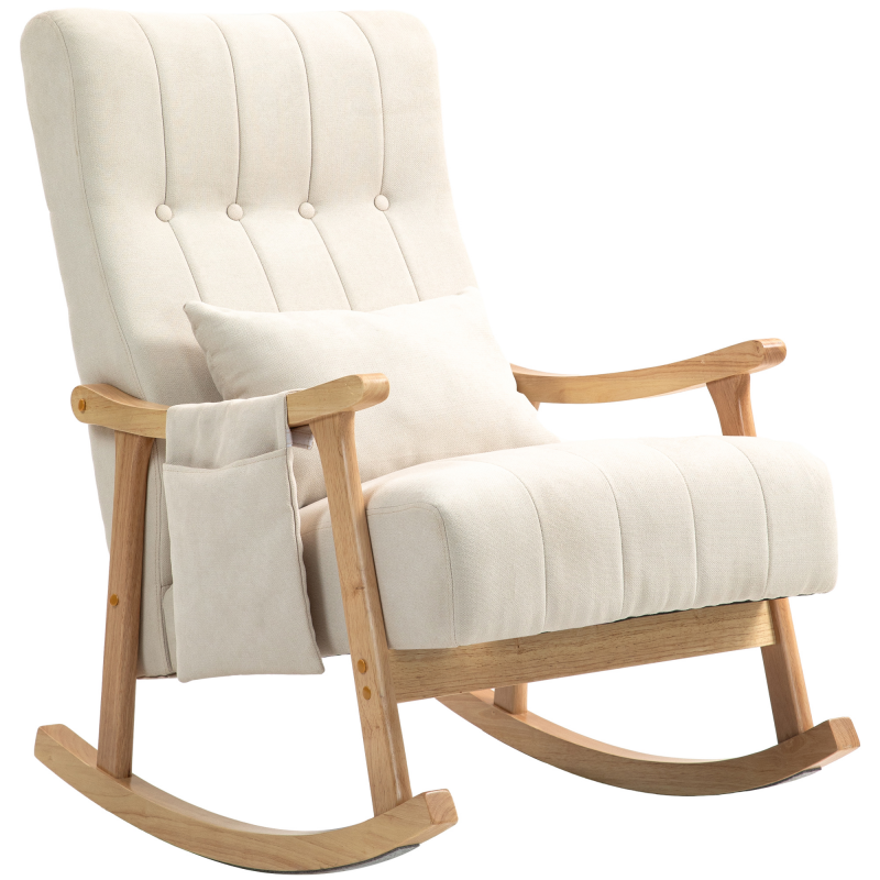 HOMCOM Schaukelstuhl gepolsterter Schaukelsessel mit Lendenkissen Seitentasche Relaxsessel Holzrahmen Leinenoptik für Wohnzimmer Schlafzimmer Beige Aosom.de – Bild 1 von 2