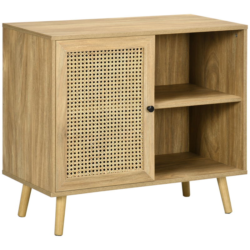 HOMCOM Sideboard Küchenschrank mit Tür, 2 Offenen Fächern, Aufbewahrungsschrank mit Verstellbarer Ablage, Kippschutz für Wohnzimmer Natur Kiefernholz 80 x 39 x 70 cm Aosom – Bild 1 von 2
