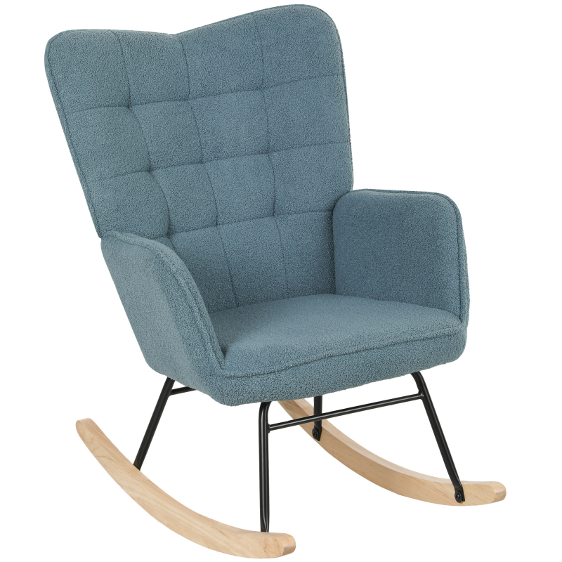 HOMCOM Schaukelstuhl, Schaukelsessel mit Berbervliesoptik, Armlehne, Gepolsterter Sessel mit Holzkufen, Relaxsessel für Wohnzimmer, Schlafzimmer, bis 120kg belastbar, Hellblau Aosom – Bild 1 von 2