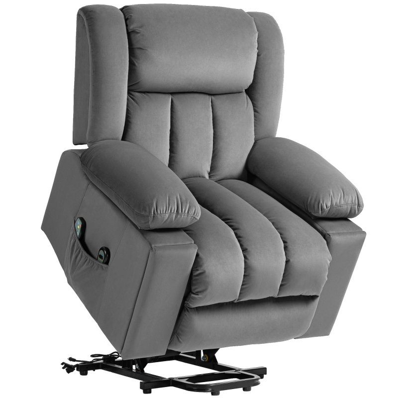 HOMCOM Fernsehsessel mit Aufstehhilfe Elektrisch Relaxsessel mit Massage-/ Wärme-/Liegefunktion, TV-Sessel mit Becherhalter, Stautraum, USB-Anschlüssen und Fernbedienung, Samt, Dunkelgrau Aosom – Bild 1 von 2