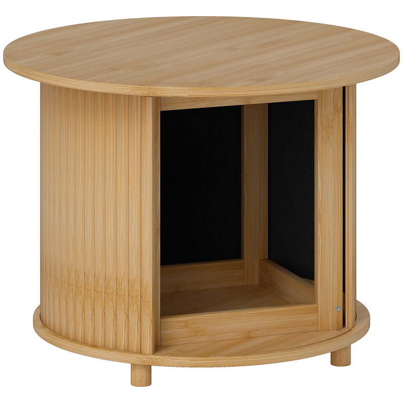 HOMCOM Couchtisch Wohnzimmertisch aus Bambus mit verstecktem Stauraum und Schiebetür, runder Beistelltisch im Modern-Stil, für Wohnzimmer, Natur, Ø60 x 45 cm Aosom – Bild 1 von 2