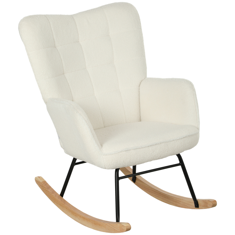 HOMCOM Schaukelstuhl, Schaukelsessel mit Berbervliesoptik, Armlehne, Gepolsterter Sessel mit Holzkufen, Relaxsessel für Wohnzimmer, Schlafzimmer, bis 120kg belastbar, Weiß Aosom – Bild 1 von 2