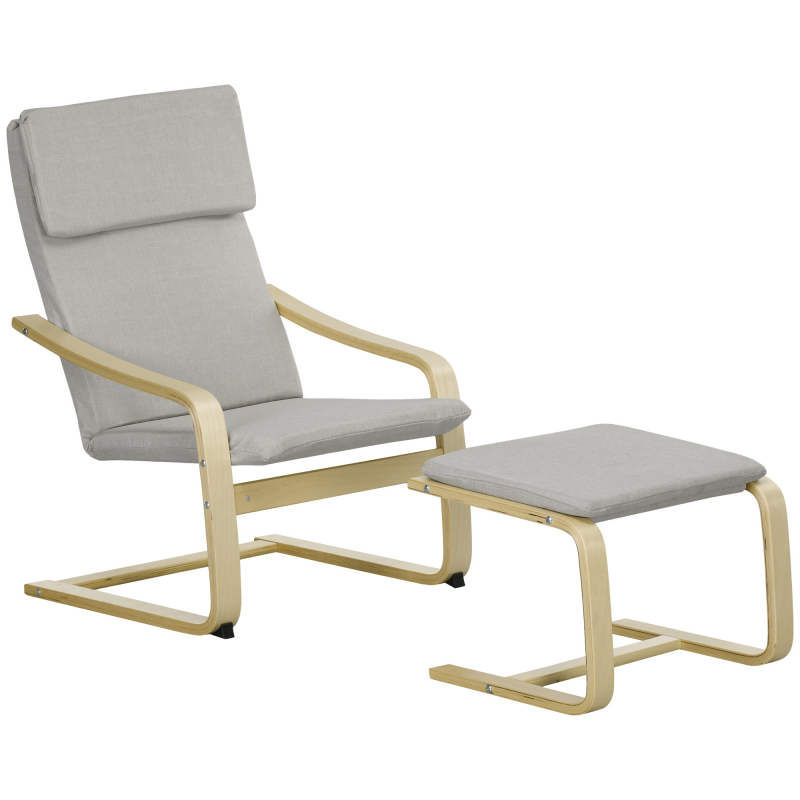 HOMCOM 2er-Set Loungesessel mit Hocker und Armlehne, Kopfstütze, Leinenbezug, Fußpolster aus Polyester, Eukalyptus, hellgrau 66,5 x 80 x 99 cm Aosom.de – Bild 1 von 2