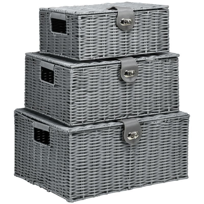 HOMCOM Aufbewahrungsboxen 3er-Set mit Deckel & Schnallen 18L 12L 7L für Wohnzimmer Grau Aosom.de – Bild 1 von 2