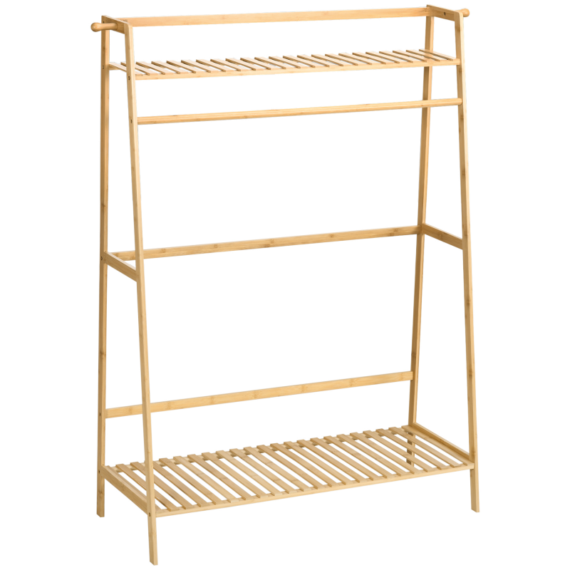 HOMCOM Kleiderständer Garderobe mit 2 Regalen, 2 Haken und 1 Kleiderstange aus Bambus - Maße 114L x 40B x 139H cm Naturholz Aosom – Bild 1 von 2