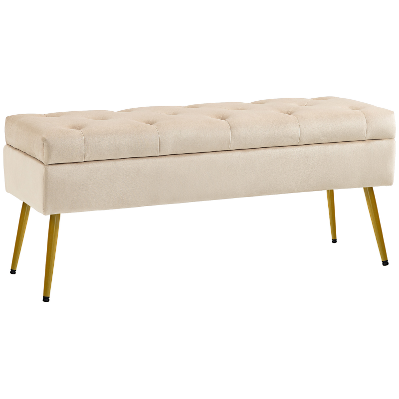 HOMCOM Sitzbank mit Stauraum, Polsterbank mit Deckel, Bettbank mit Samtoptik, für Flur Schlafzimmer Wohnzimmer, Metallrahmen 102 x 35 x 43 cm Beige Aosom – Bild 1 von 2