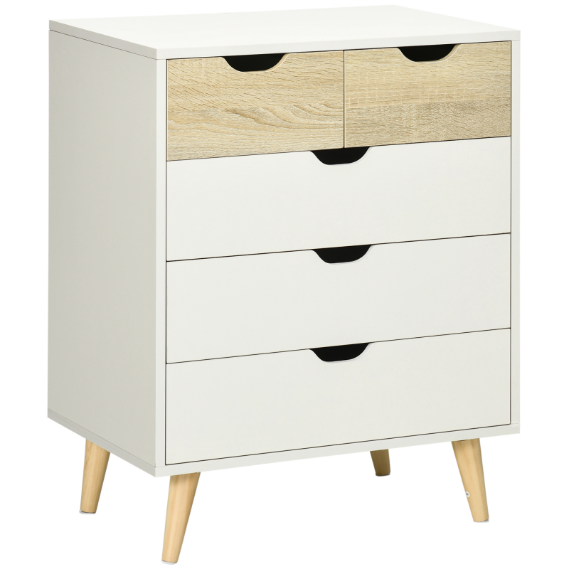 HOMCOM Kommode mit 5 Schubladen Beistellschrank Sideboard für Wohnzimmer Schlafzimmer, 60x40x77,5 cm, Weiß Hellbraun, elegantes Design aus Spanplatte Aosom.de – Bild 1 von 2