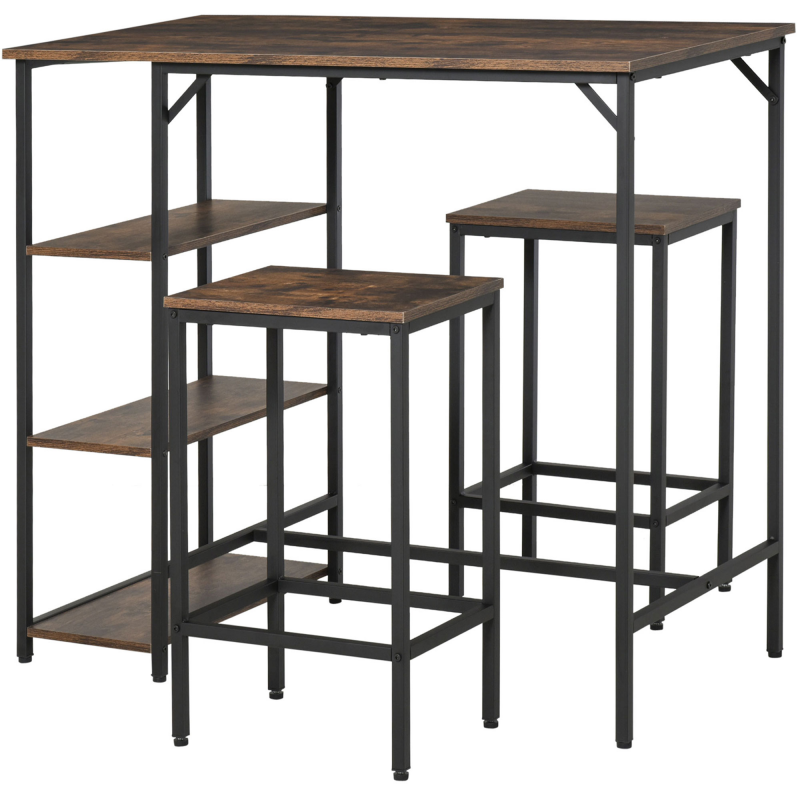 HOMCOM Bartisch-Set Stehtisch mit 2 Barhockern, 3-teiliges Tischset mit Regalen, Spanplatte/Stahl, Rustikales Braun/Schwarz, 109x60x100cm Aosom – Bild 1 von 2