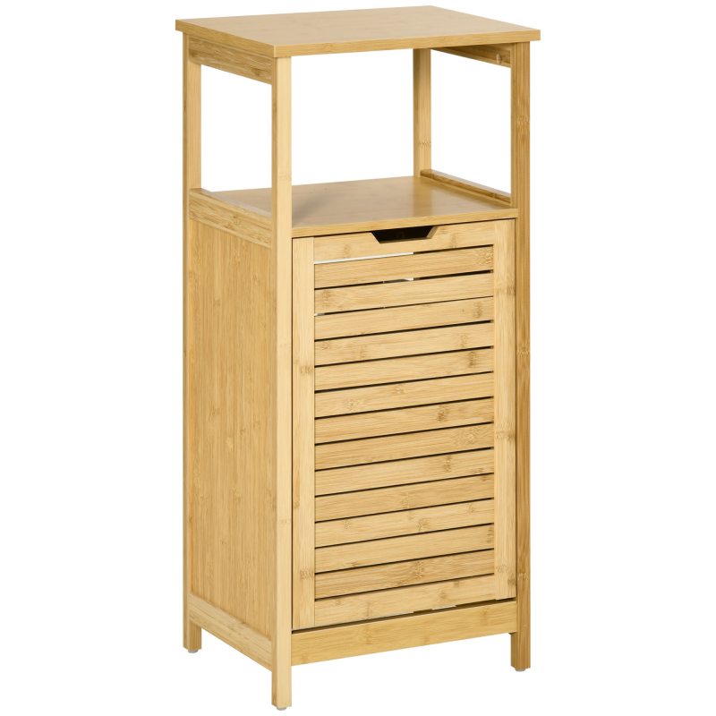 kleankin 2 in 1 Badezimmerschrank Beistellschrank mit herausnehmbarem Wäschekorb und offenem Fach Badschrank mit Kippschutz Wäscheschrank für Badezimmer MDF Bambus Natur 40 x 30 x 86,5 cm Aosom – Bild 1 von 2