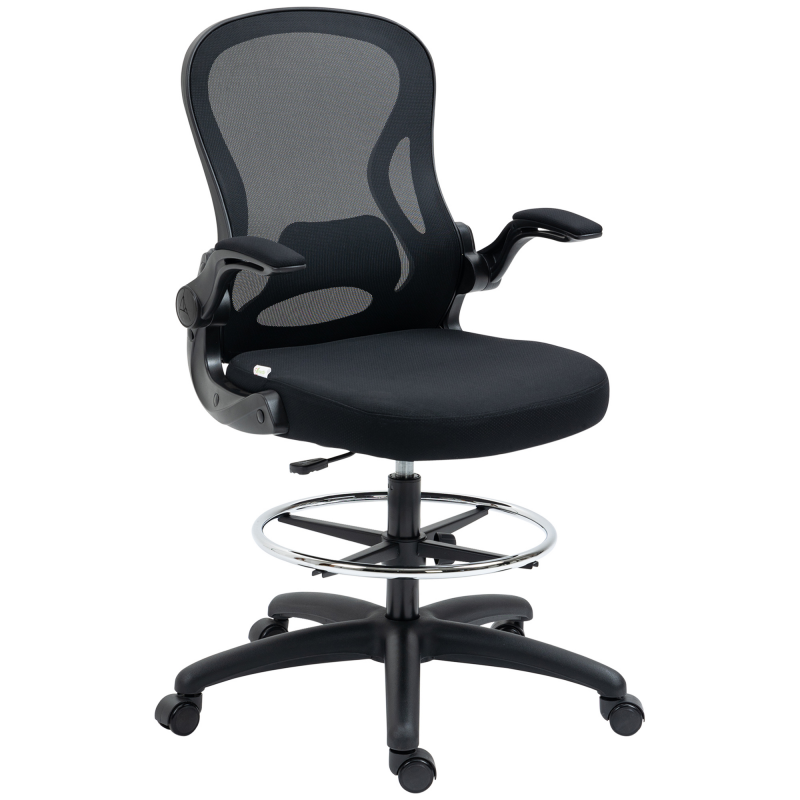 Vinsetto Bürostuhl, Ergonomischer Zeichenstuhl mit verstellbarem Fußring, Drehstuhl, 102-122 cm Höhenverstellbarer Arbeitsstuhl mit Rollen und Lendenwirbelstütze, Schwarz Aosom – Bild 1 von 2