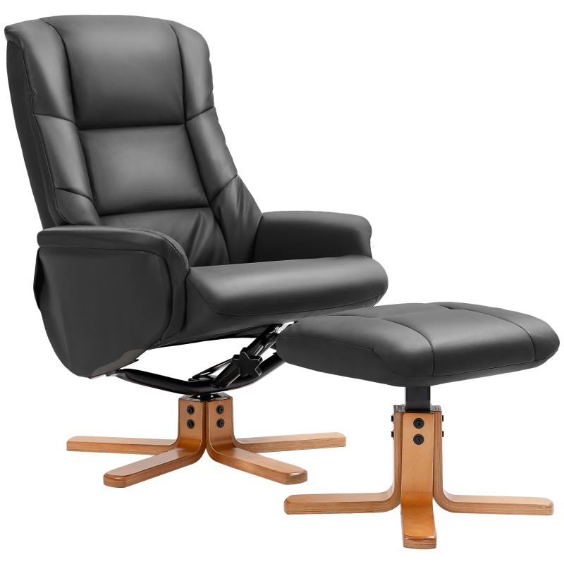 HOMCOM Relaxsessel mit Hocker 360° drehbar 130° neigbar mit Liegefunktion hohe Rückenlehne Holzrahmen Kunstleder Schwarz 76x85x104cm Aosom.de – Bild 1 von 2