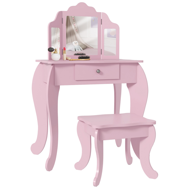 HOMCOM Kinderschminktisch mit Hocker und Verstellbarem Spiegel, Schminktisch für Mädchen mit Schublade, Kinderschminktisch für Kinder von 3-6 Jahren, Rosa Aosom – Bild 1 von 2