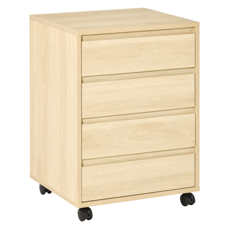 HOMCOM Rollcontainer Aktenschrank Büroschrank mit 4 Schubladen Lagerschrank Aufbewahrung Container MDF Natur 46 x 40 x 65 cm Aosom – Bild 1 von 2