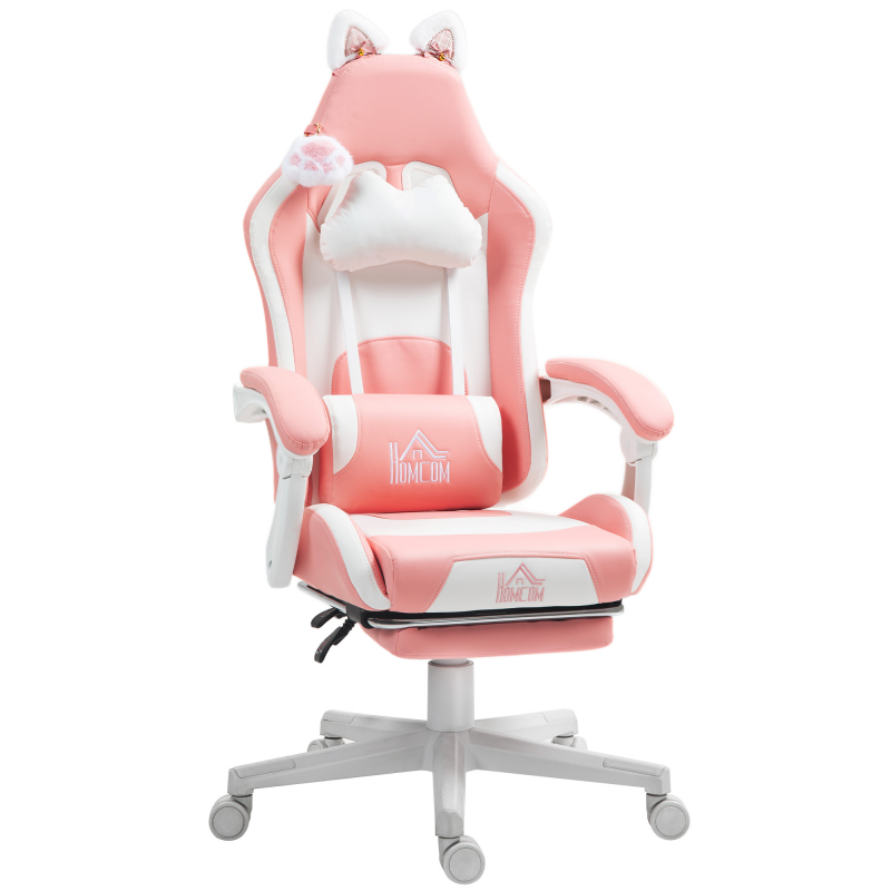 HOMCOM Gaming Stuhl Ergonomischer Gamer Stuhl mit Lendenwirbelstütze, Fußstütze, Gaming Sessel mit Katzenohren, Kopfkissen, Höhenverstellbar Bürostuhl mit Verstellbar Liegefunktion Rosa Aosom – Bild 1 von 2