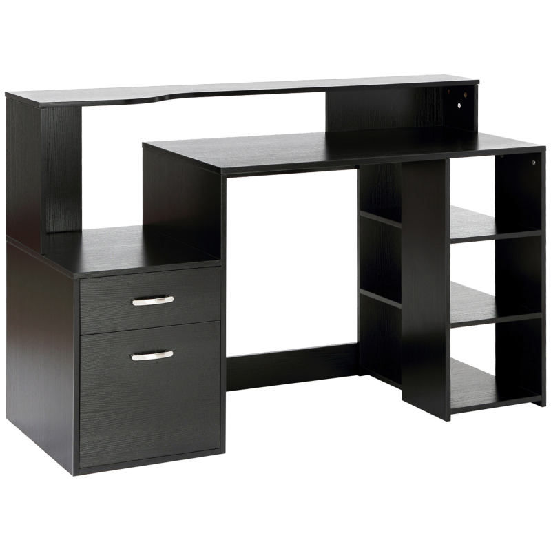 HOMCOM Schreibtisch mit Regal Computertisch Bürotisch mit Tischplatte für Drucker Schublade MDF Metall Schwarz 137 x 55 x 92 cm Aosom – Bild 1 von 2