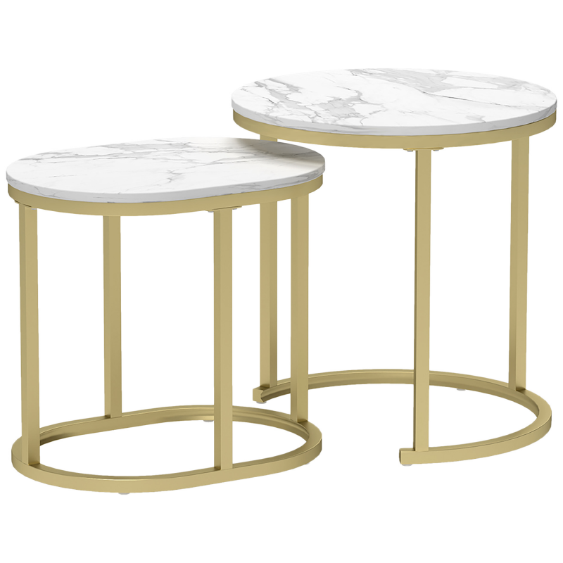 HOMCOM Couchtisch rund 2er Set Stapelbarer Beistelltisch mit Stahlrahmen, Wohnzimmertisch Kaffeetisch für Wohnzimmer Schlafzimmer Weiß Aosom – Bild 1 von 2
