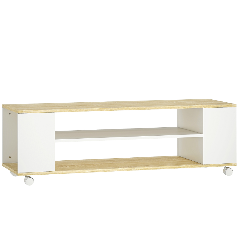 HOMCOM TV-Schrank, TV Lowboard mit Rollen, Fernsehtisch mit 2 Offenen Fächern, Fernsehschrank für TV-Geräte bis zu 55 Zoll, TV Board für Wohnzimmer, Weiß+Natur 120 x 40 x 38,5 cm Aosom – Bild 1 von 2